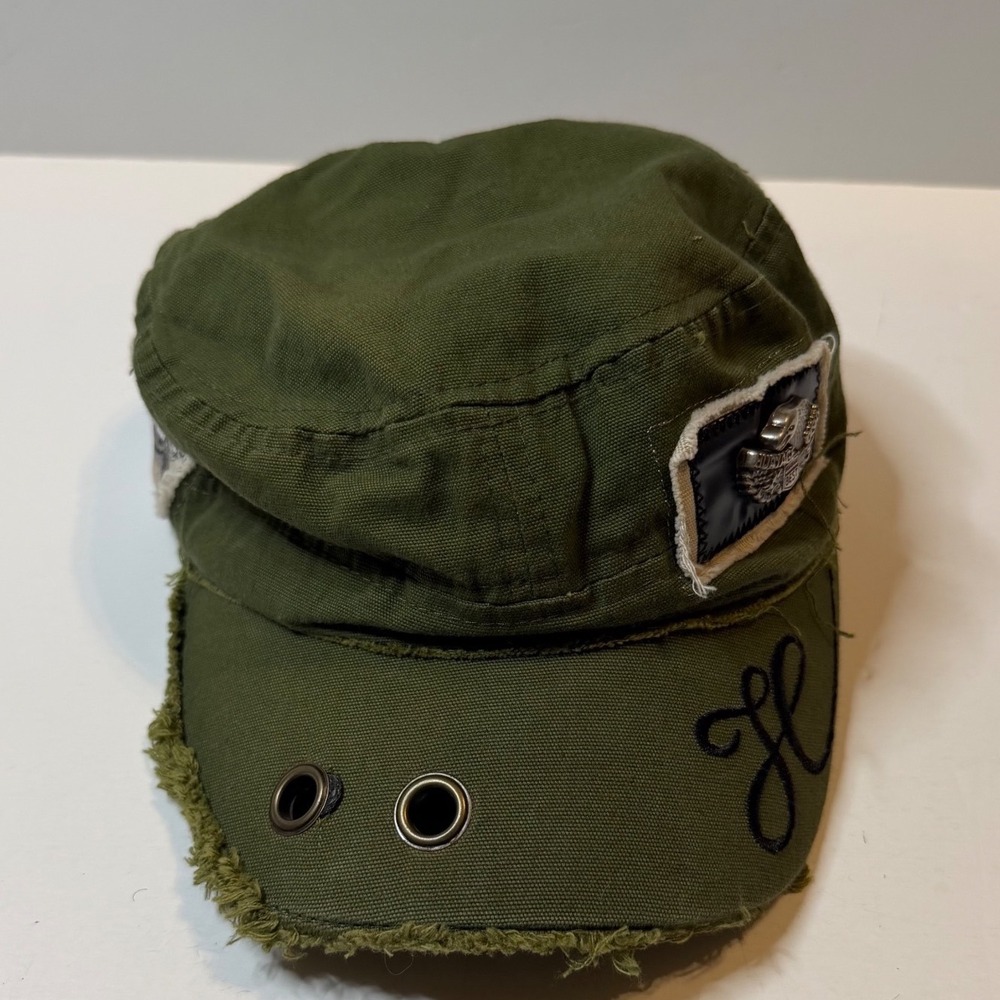Vintage Harley Davidson Military Cadet Hat Green Distressed